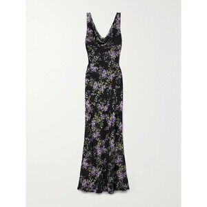 Norma Kamali 'Draped' Black Polyester Floral-Print Georgette Gown Size 34